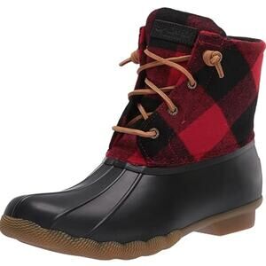 SPERRY Duck Boots Women 9M Saltwater Buffalo Plaid STS85266 Wool Waterproof Red